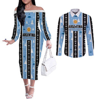 Argentina Christmas Couples Matching Off The Shoulder Long Sleeve Dress and Long Sleeve Button Shirt Feliz Navidad Sol de Mayo