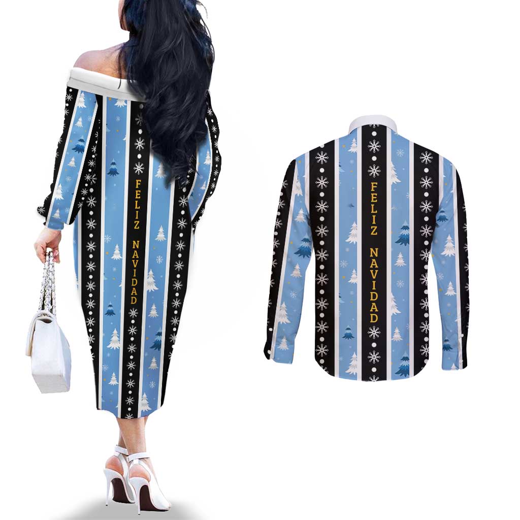 Argentina Christmas Couples Matching Off The Shoulder Long Sleeve Dress and Long Sleeve Button Shirt Feliz Navidad Sol de Mayo