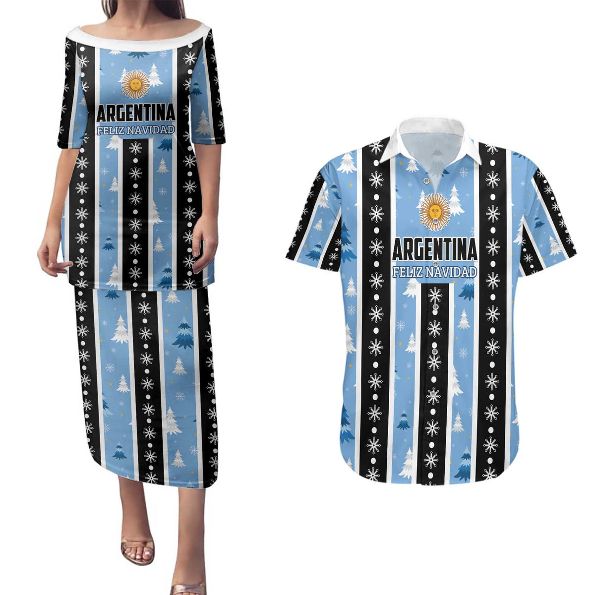 Argentina Christmas Couples Matching Puletasi and Hawaiian Shirt Feliz Navidad Sol de Mayo - Wonder Print Shop