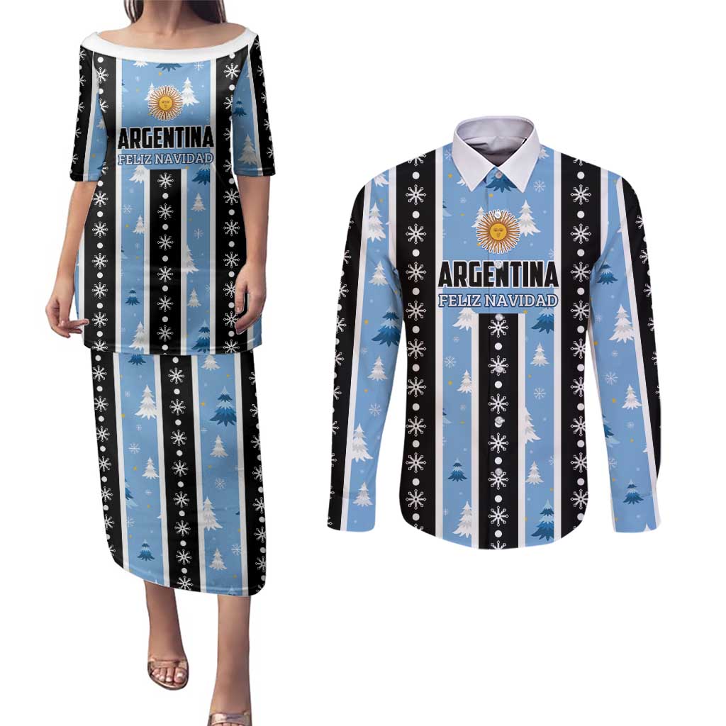 Argentina Christmas Couples Matching Puletasi and Long Sleeve Button Shirt Feliz Navidad Sol de Mayo - Wonder Print Shop