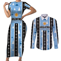 Argentina Christmas Couples Matching Short Sleeve Bodycon Dress and Long Sleeve Button Shirt Feliz Navidad Sol de Mayo - Wonder Print Shop