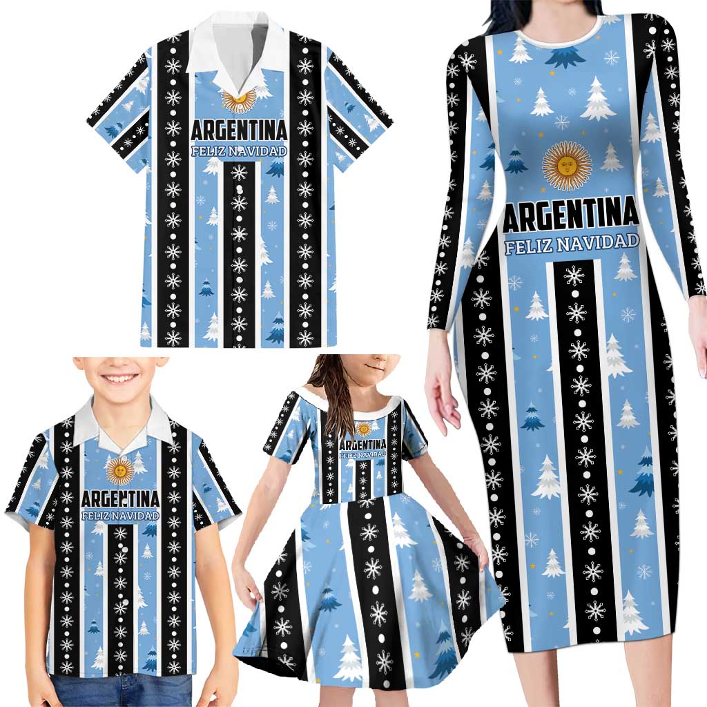 Argentina Christmas Family Matching Long Sleeve Bodycon Dress and Hawaiian Shirt Feliz Navidad Sol de Mayo - Wonder Print Shop