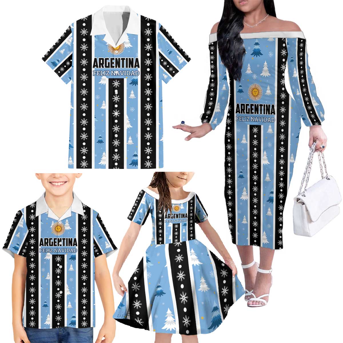 Argentina Christmas Family Matching Off The Shoulder Long Sleeve Dress and Hawaiian Shirt Feliz Navidad Sol de Mayo - Wonder Print Shop