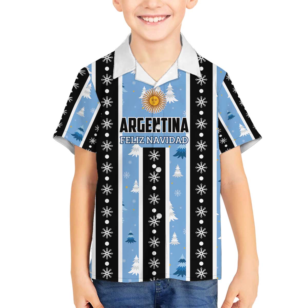 Argentina Christmas Family Matching Off The Shoulder Long Sleeve Dress and Hawaiian Shirt Feliz Navidad Sol de Mayo - Wonder Print Shop
