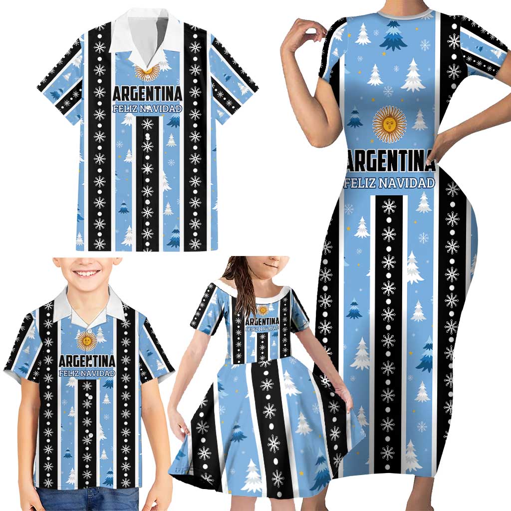 Argentina Christmas Family Matching Short Sleeve Bodycon Dress and Hawaiian Shirt Feliz Navidad Sol de Mayo - Wonder Print Shop