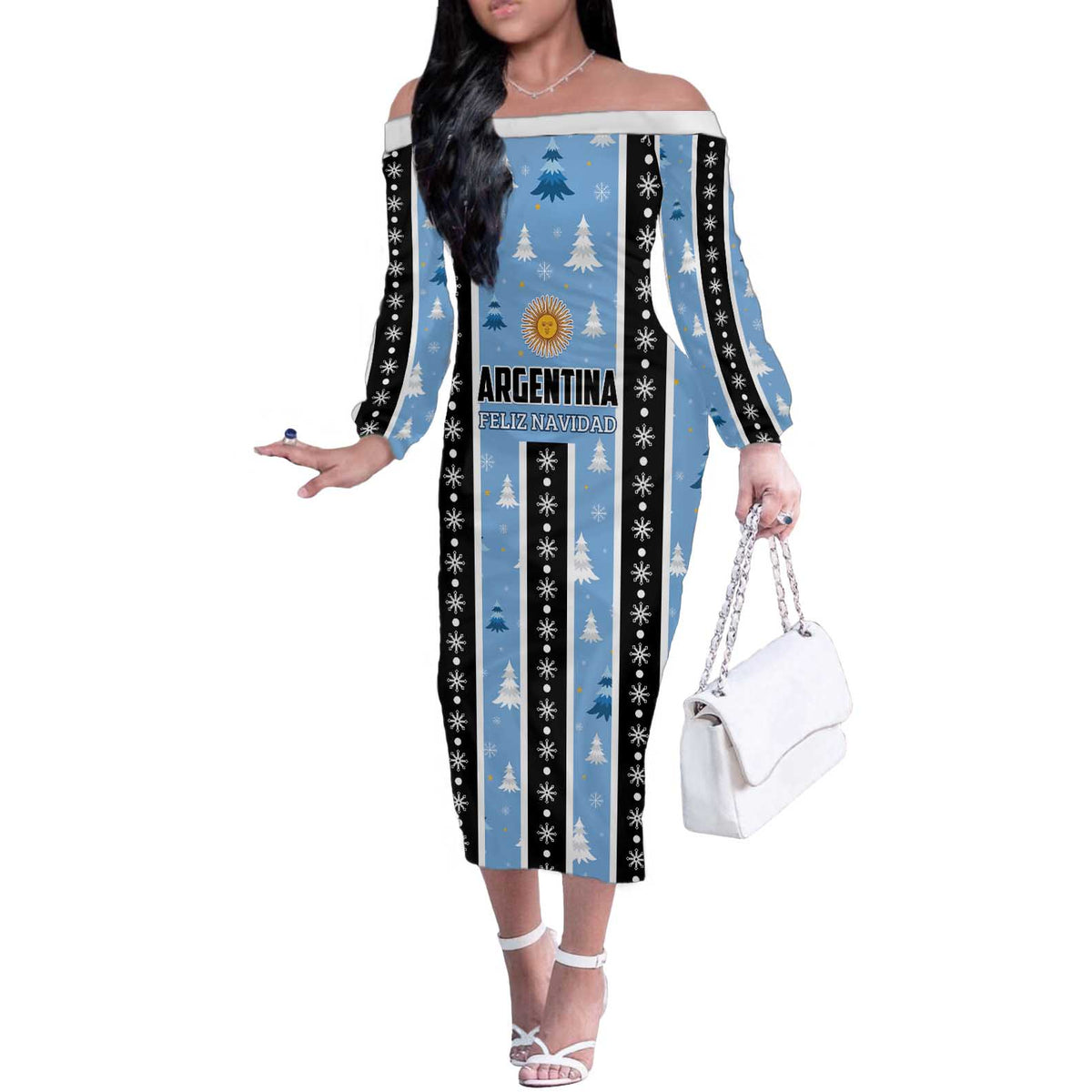 Argentina Christmas Off The Shoulder Long Sleeve Dress Feliz Navidad Sol de Mayo - Wonder Print Shop