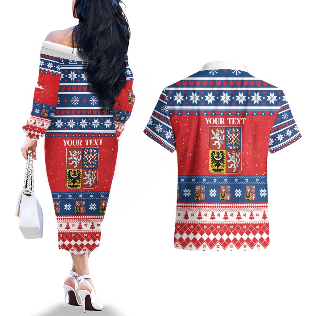 Personalized Czech Republic Christmas Couples Matching Off The Shoulder Long Sleeve Dress and Hawaiian Shirt Czechia Vesele Vanoce - Wonder Print Shop