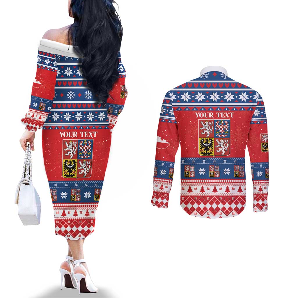 Personalized Czech Republic Christmas Couples Matching Off The Shoulder Long Sleeve Dress and Long Sleeve Button Shirt Czechia Vesele Vanoce