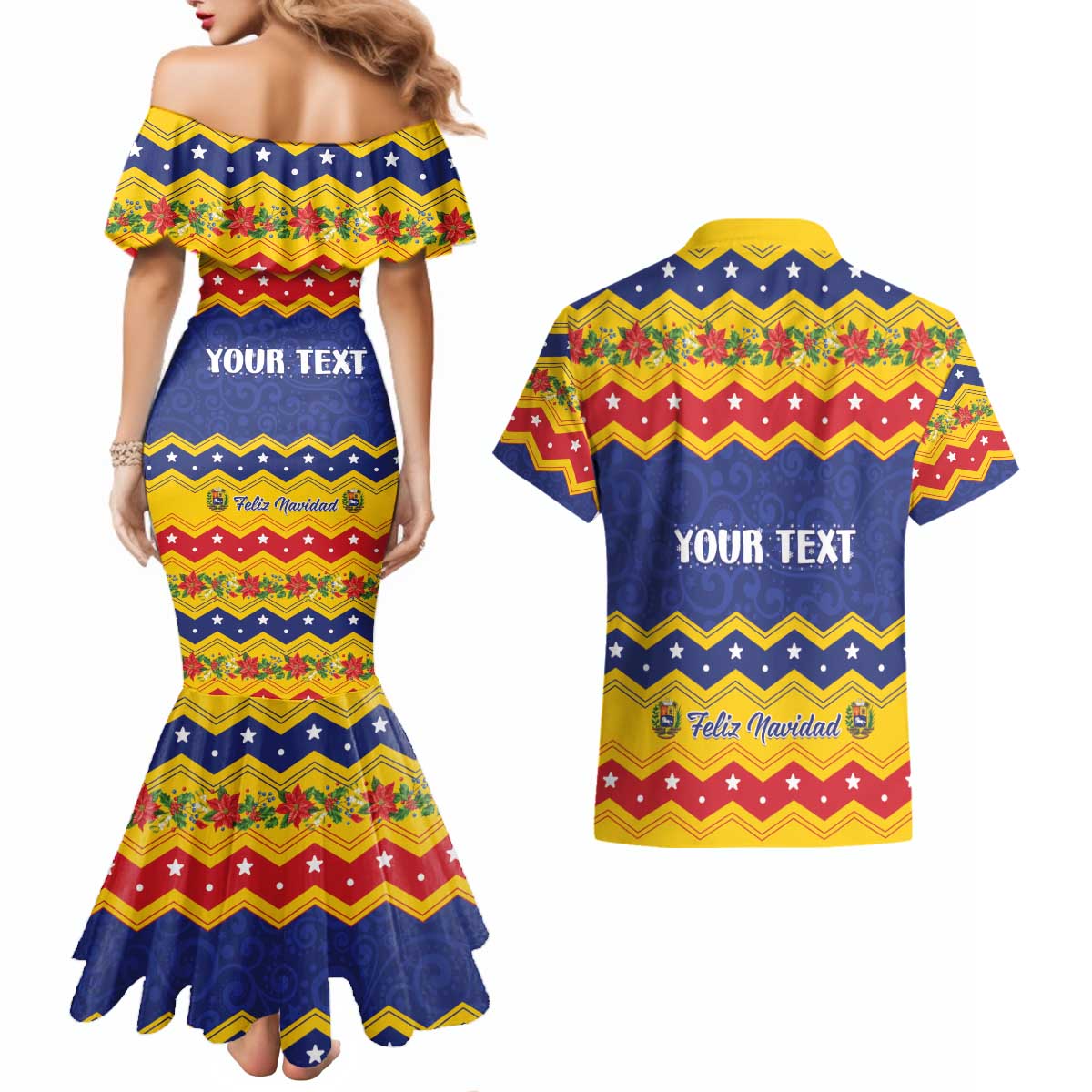 Personalized Venezuela Christmas Couples Matching Mermaid Dress and Hawaiian Shirt Feliz Navidad - Wonder Print Shop