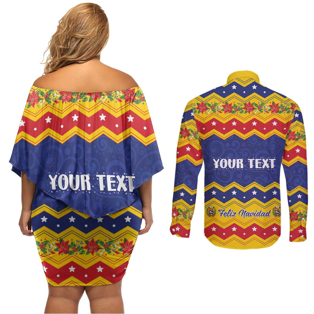 Personalized Venezuela Christmas Couples Matching Off Shoulder Short Dress and Long Sleeve Button Shirt Feliz Navidad - Wonder Print Shop