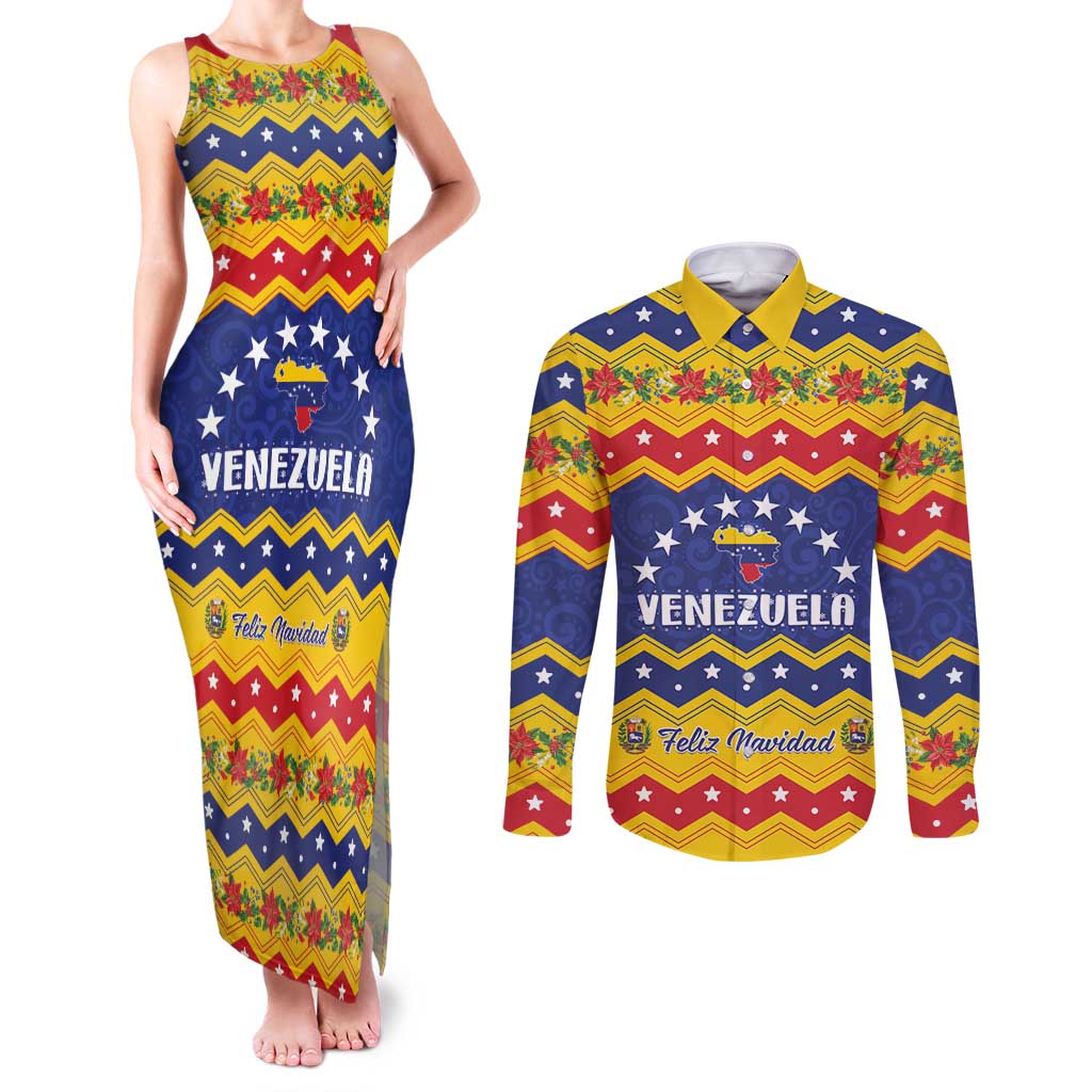 Personalized Venezuela Christmas Couples Matching Tank Maxi Dress and Long Sleeve Button Shirt Feliz Navidad - Wonder Print Shop