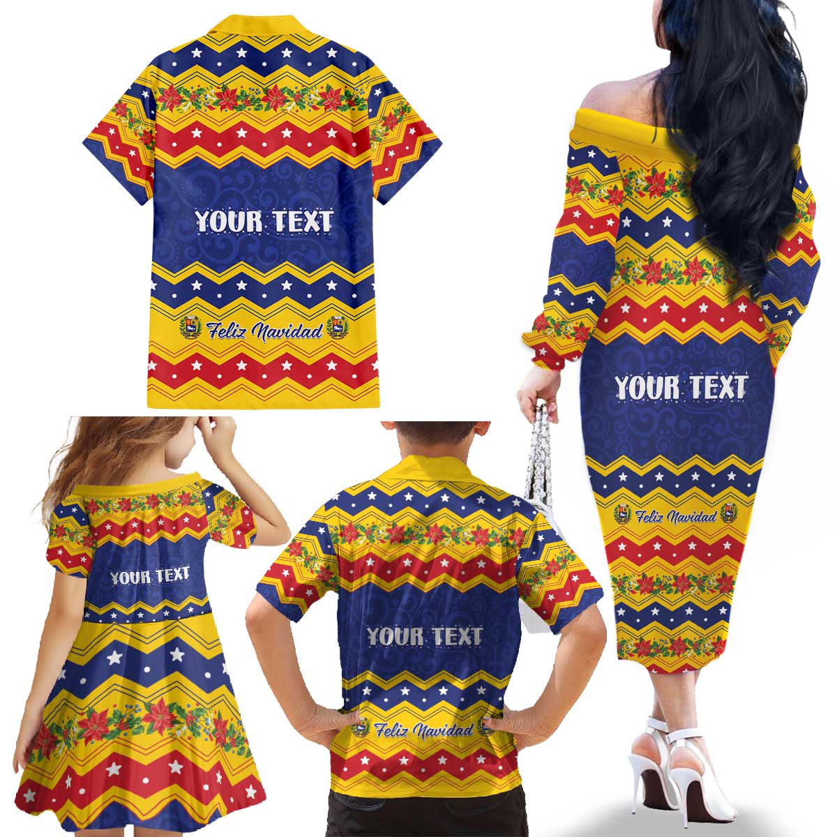 Personalized Venezuela Christmas Family Matching Off The Shoulder Long Sleeve Dress and Hawaiian Shirt Feliz Navidad - Wonder Print Shop