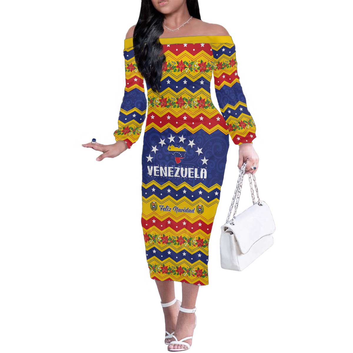 Personalized Venezuela Christmas Family Matching Off The Shoulder Long Sleeve Dress and Hawaiian Shirt Feliz Navidad - Wonder Print Shop