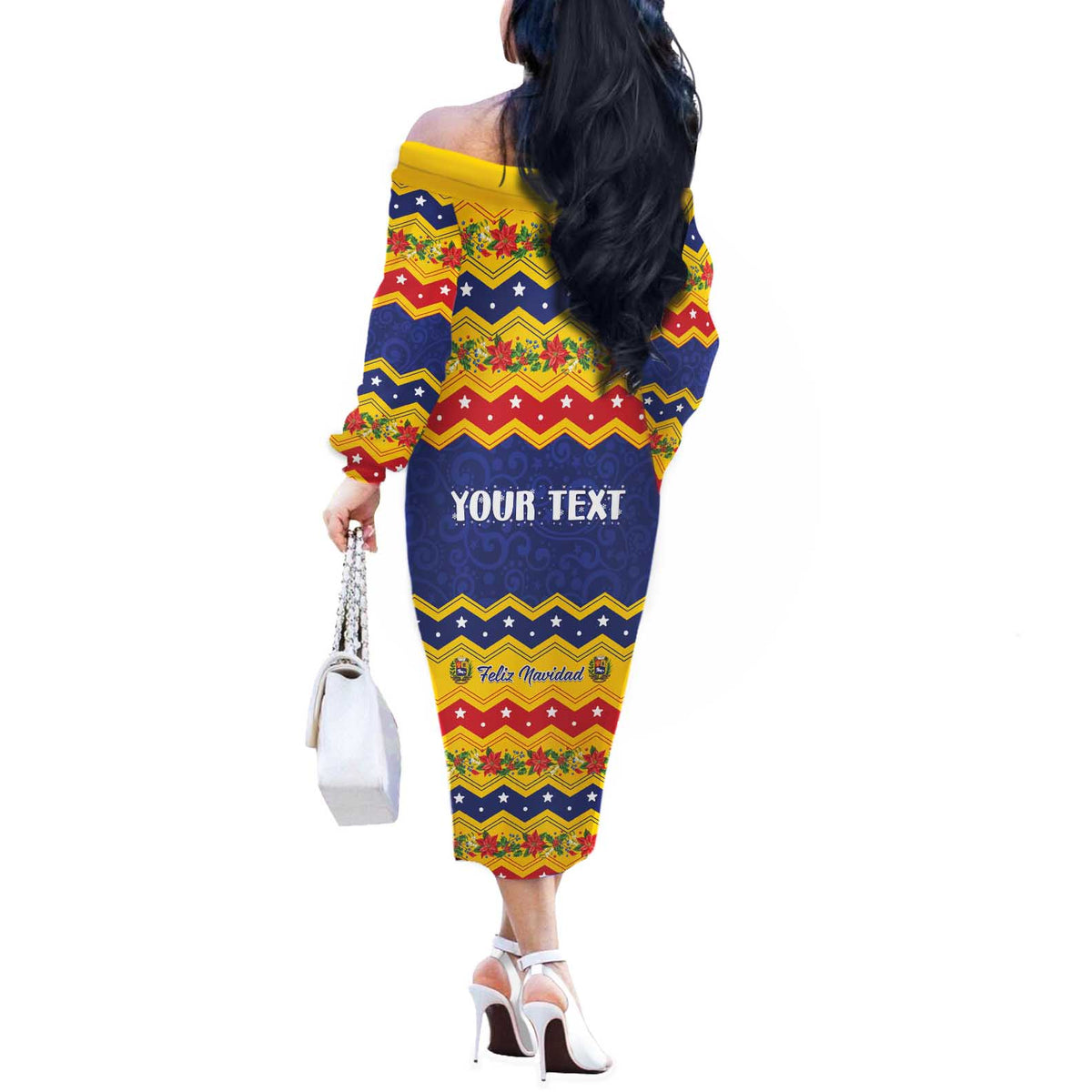 Personalized Venezuela Christmas Off The Shoulder Long Sleeve Dress Feliz Navidad - Wonder Print Shop