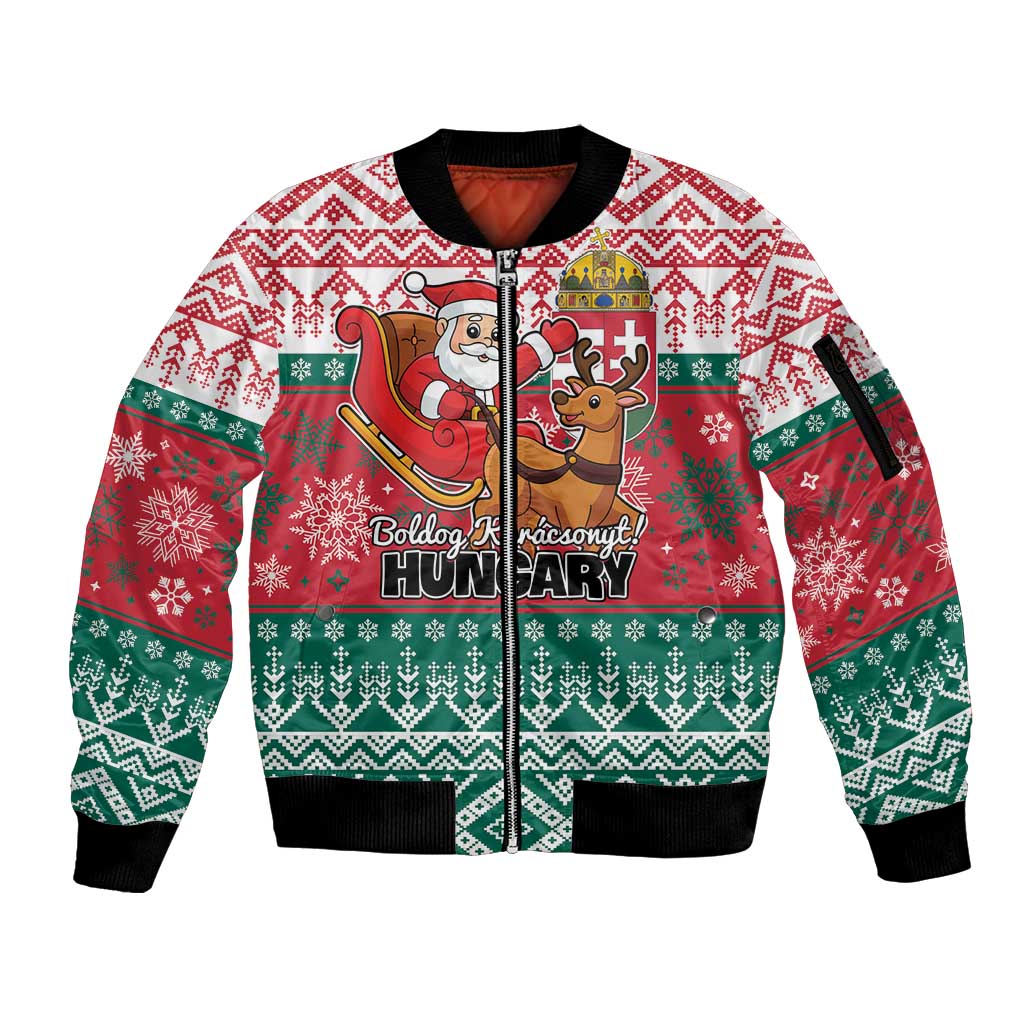 Personalized Hungary Christmas Sleeve Zip Bomber Jacket Magyarorszag Boldog Karacsonyt - Wonder Print Shop