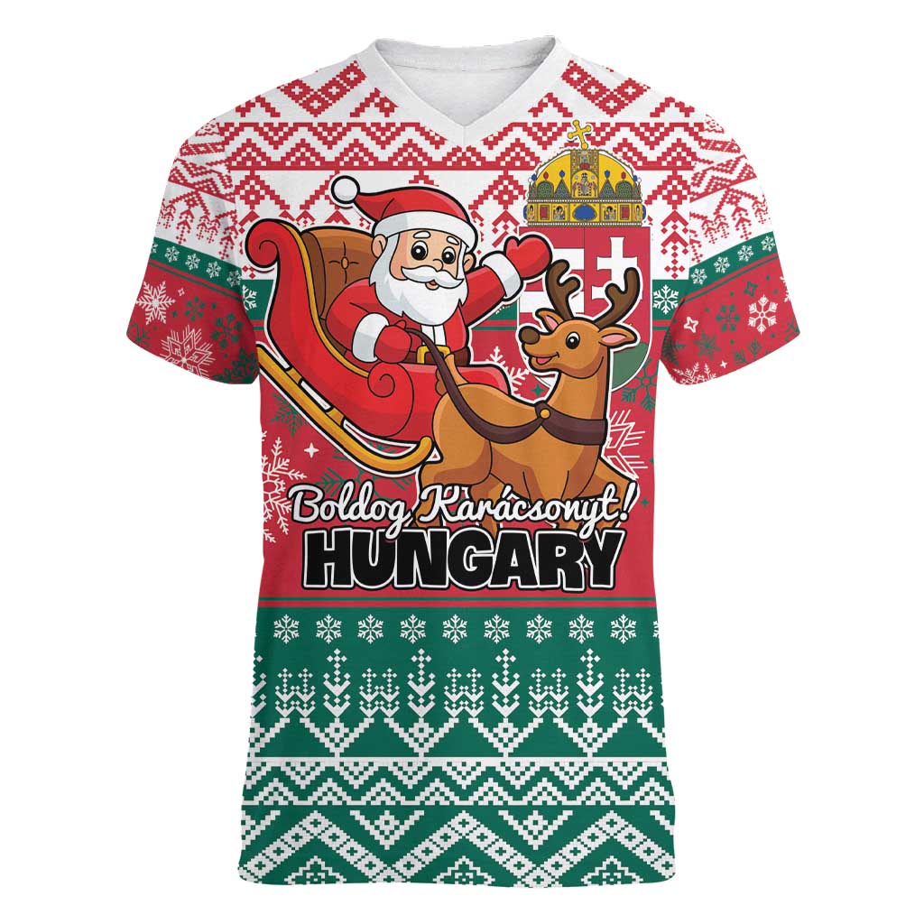 Personalized Hungary Christmas Women V-Neck T-Shirt Magyarorszag Boldog Karacsonyt - Wonder Print Shop