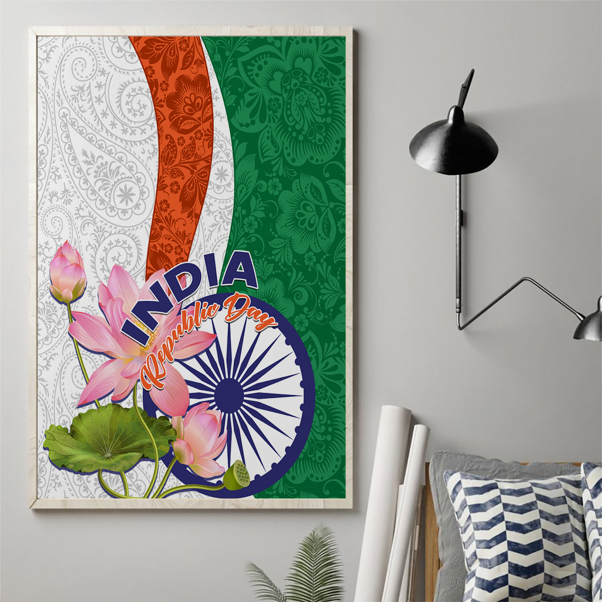 India Republic Day Canvas Wall Art Lotus Floral Paisley Pattern - Wonder Print Shop