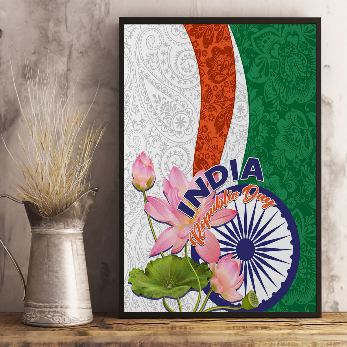 India Republic Day Canvas Wall Art Lotus Floral Paisley Pattern - Wonder Print Shop