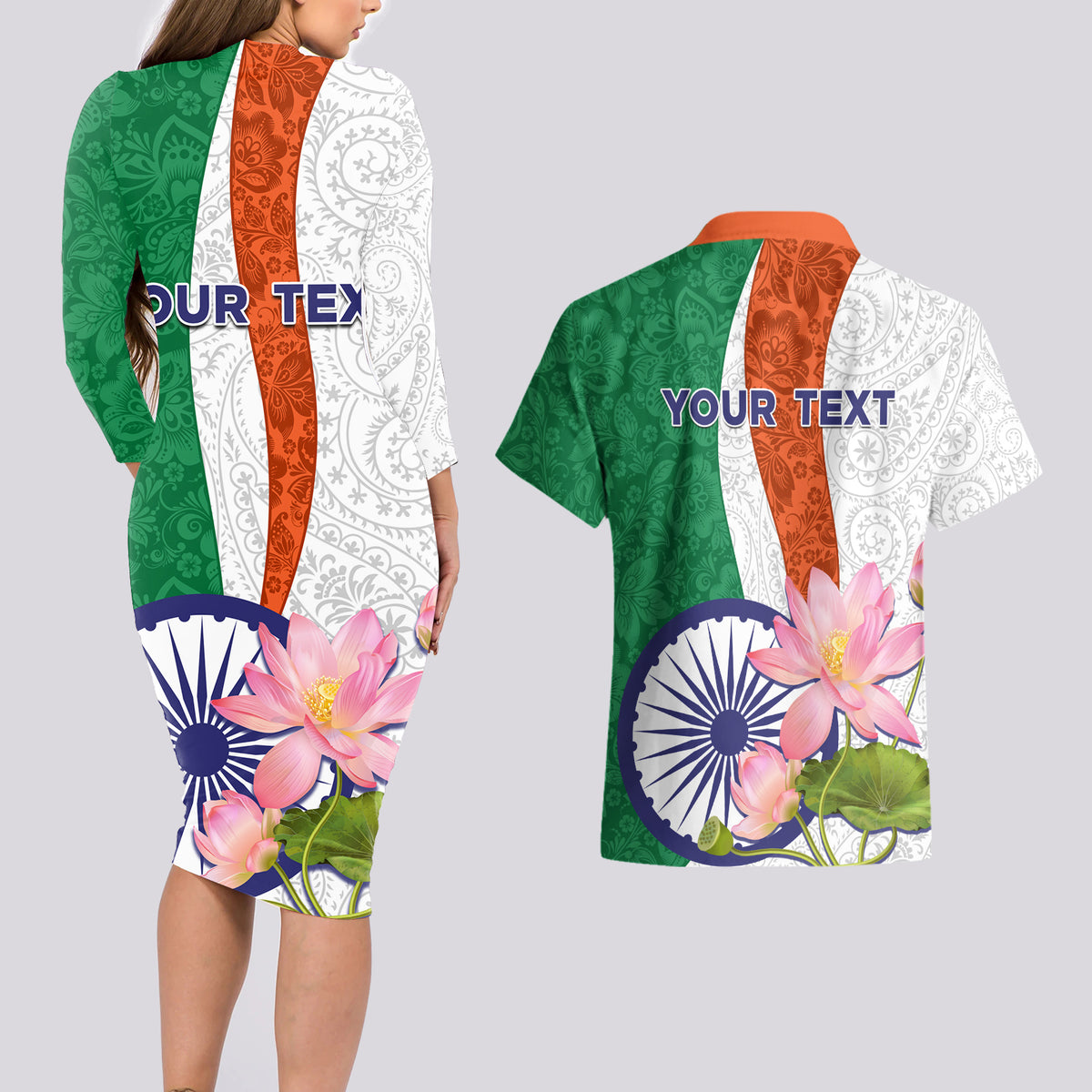 India Republic Day Couples Matching Long Sleeve Bodycon Dress and Hawaiian Shirt Lotus Floral Paisley Pattern - Wonder Print Shop