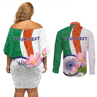 India Republic Day Couples Matching Off Shoulder Short Dress and Long Sleeve Button Shirt Lotus Floral Paisley Pattern - Wonder Print Shop
