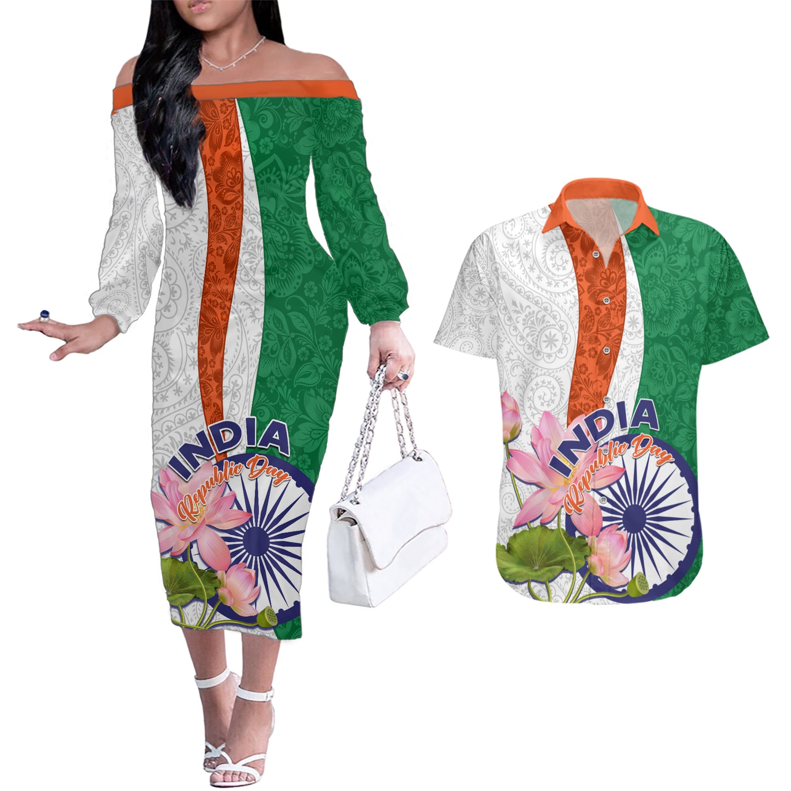 India Republic Day Couples Matching Off The Shoulder Long Sleeve Dress and Hawaiian Shirt Lotus Floral Paisley Pattern - Wonder Print Shop