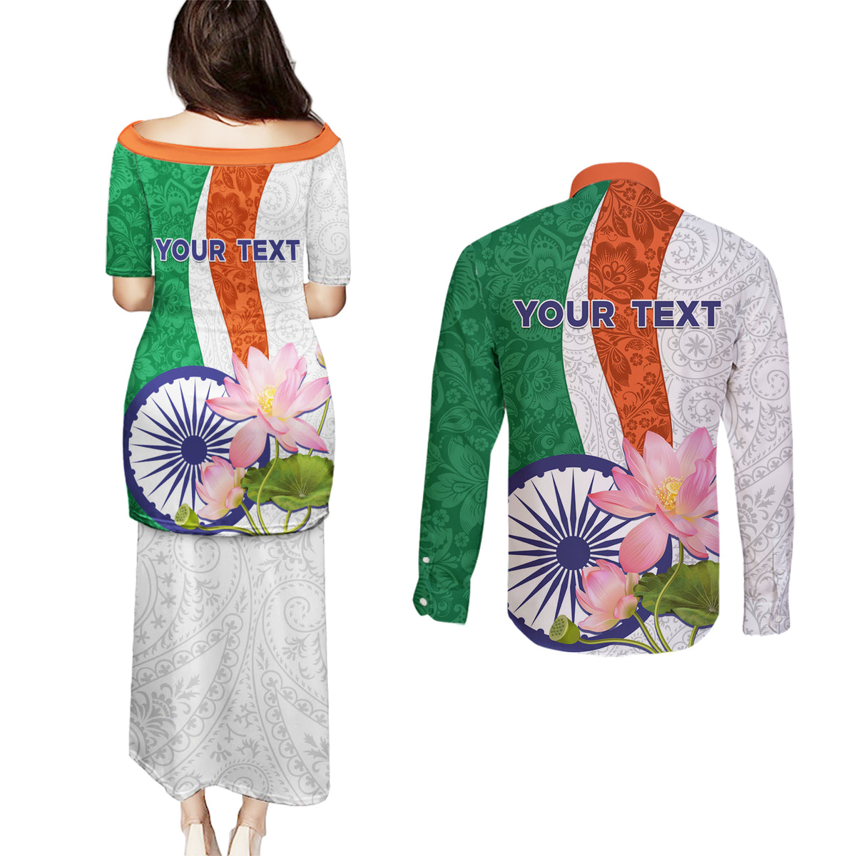 India Republic Day Couples Matching Puletasi and Long Sleeve Button Shirt Lotus Floral Paisley Pattern - Wonder Print Shop