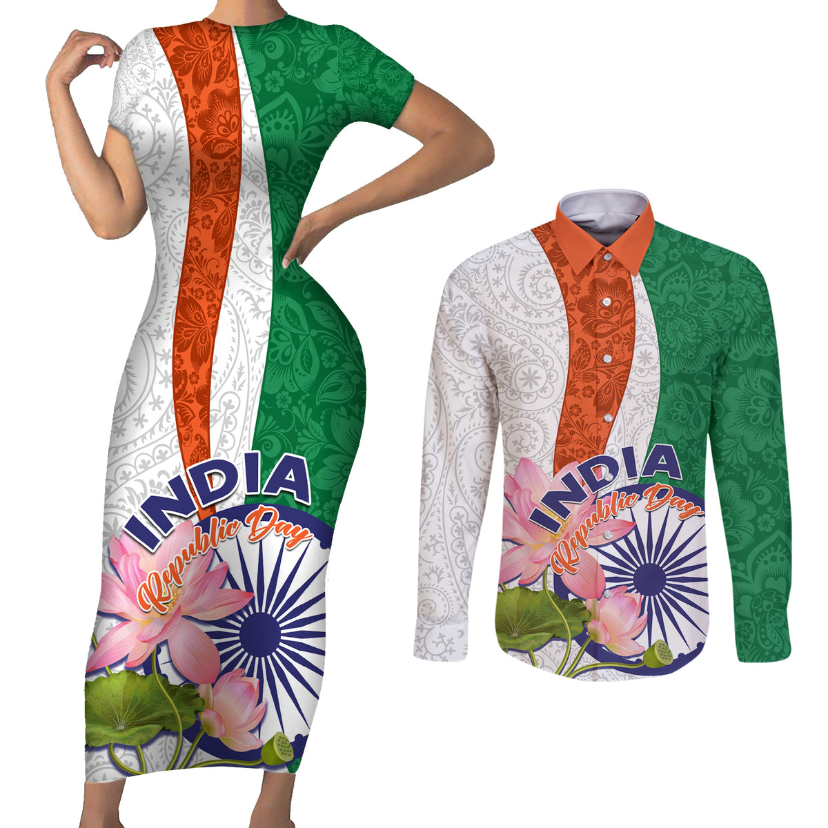 India Republic Day Couples Matching Short Sleeve Bodycon Dress and Long Sleeve Button Shirt Lotus Floral Paisley Pattern - Wonder Print Shop