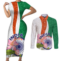 India Republic Day Couples Matching Short Sleeve Bodycon Dress and Long Sleeve Button Shirt Lotus Floral Paisley Pattern - Wonder Print Shop