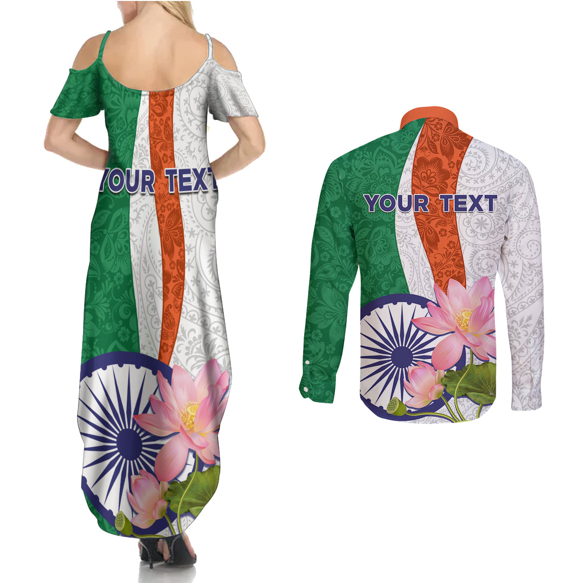 India Republic Day Couples Matching Summer Maxi Dress and Long Sleeve Button Shirt Lotus Floral Paisley Pattern - Wonder Print Shop