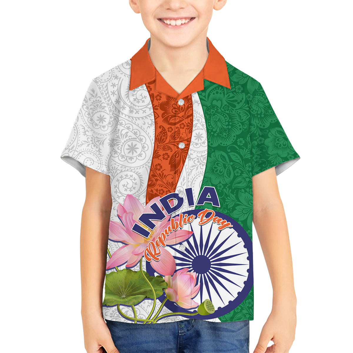 India Republic Day Family Matching Long Sleeve Bodycon Dress and Hawaiian Shirt Lotus Floral Paisley Pattern - Wonder Print Shop