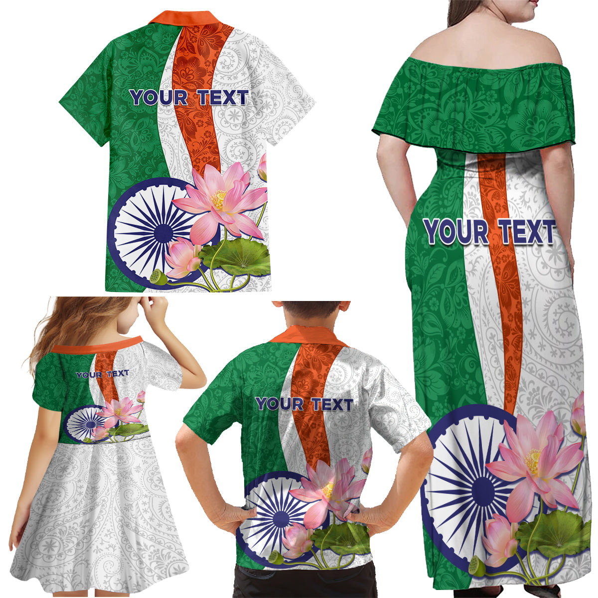 India Republic Day Family Matching Off Shoulder Maxi Dress and Hawaiian Shirt Lotus Floral Paisley Pattern - Wonder Print Shop