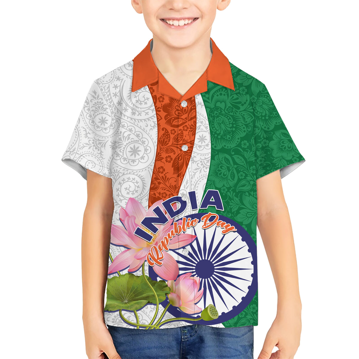India Republic Day Family Matching Short Sleeve Bodycon Dress and Hawaiian Shirt Lotus Floral Paisley Pattern - Wonder Print Shop