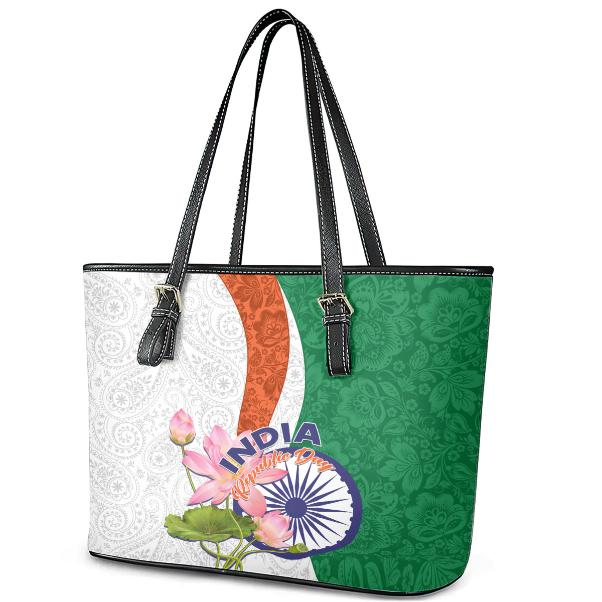 India Republic Day Leather Tote Bag Lotus Floral Paisley Pattern - Wonder Print Shop