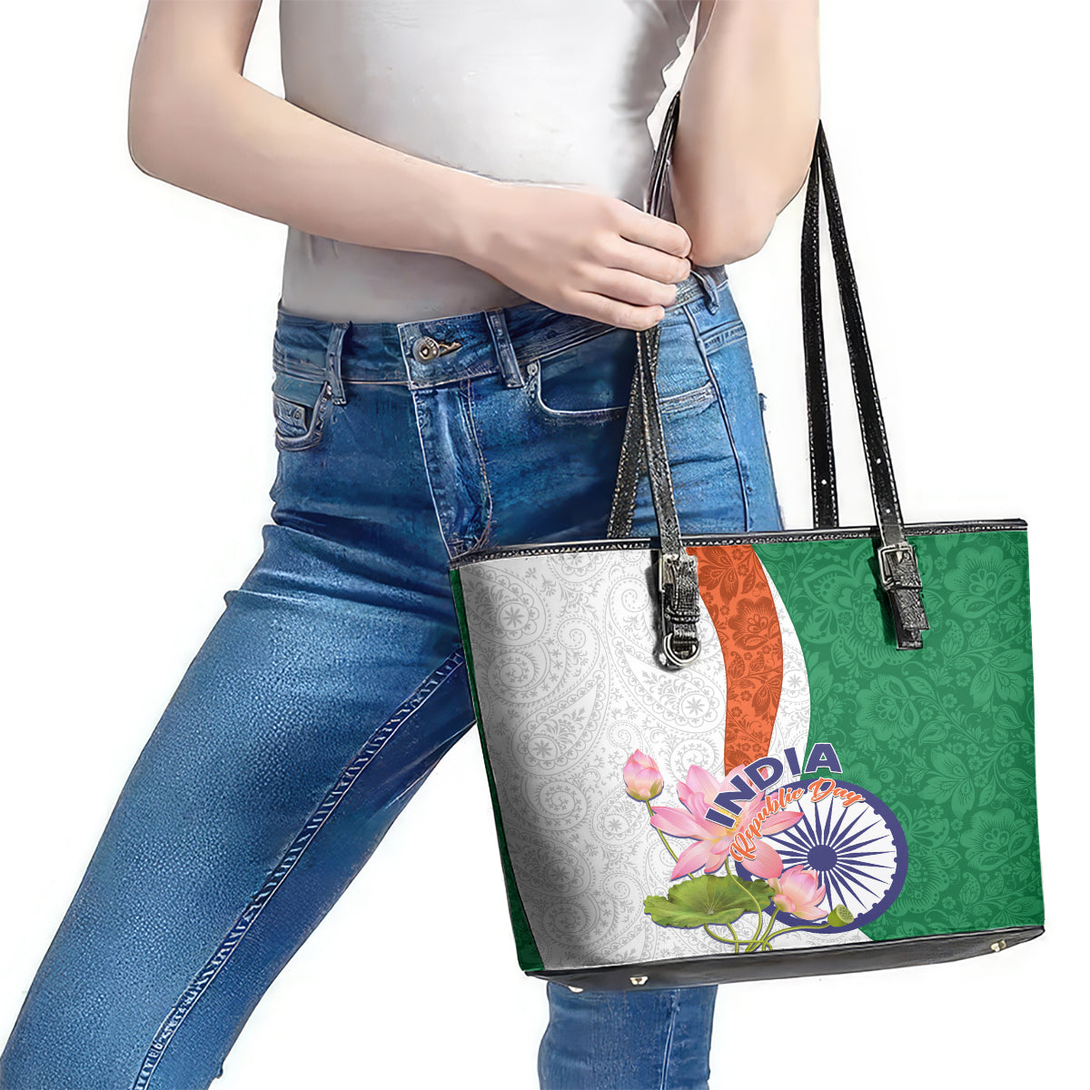 India Republic Day Leather Tote Bag Lotus Floral Paisley Pattern - Wonder Print Shop