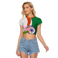 India Republic Day Raglan Cropped T Shirt Lotus Floral Paisley Pattern - Wonder Print Shop