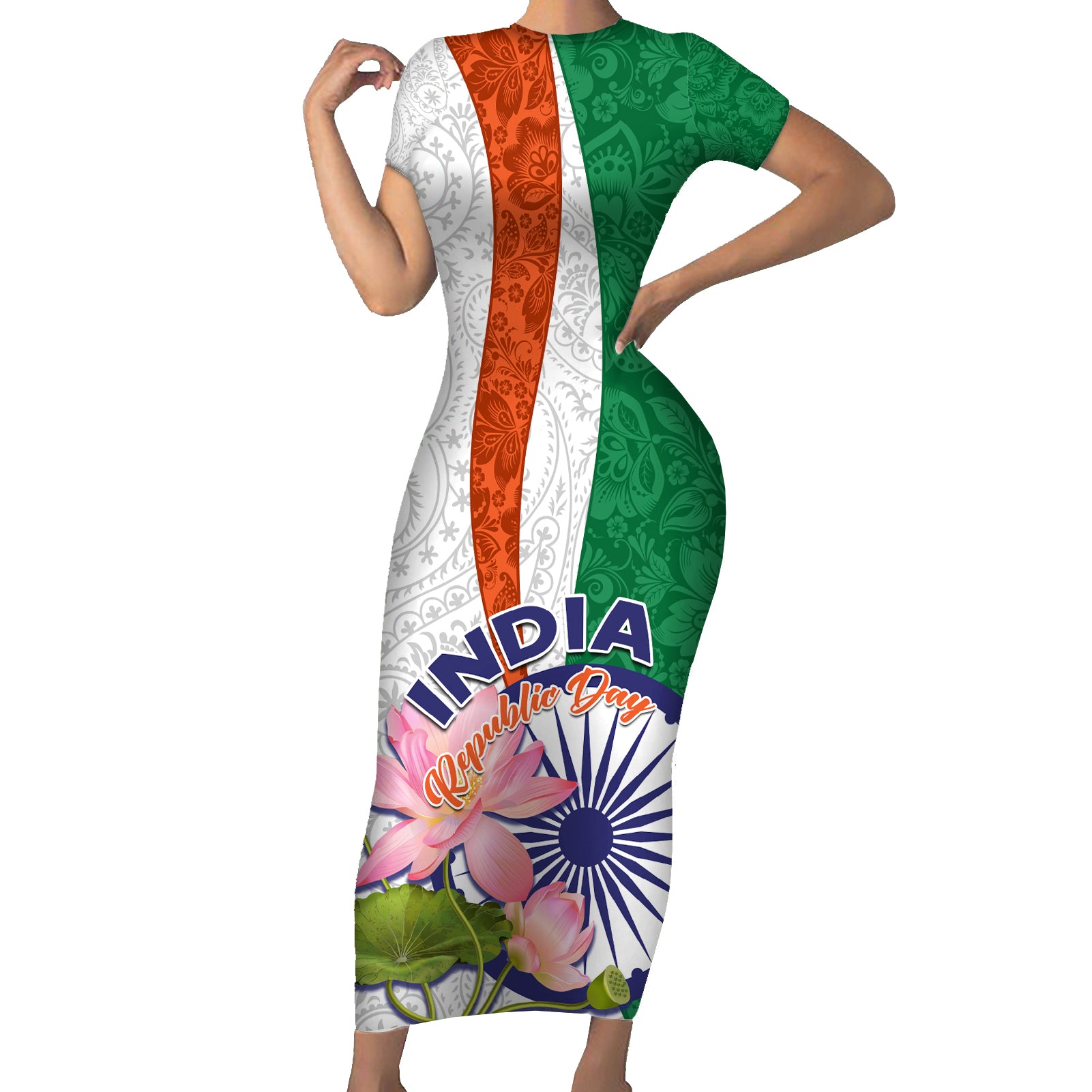 India Republic Day Short Sleeve Bodycon Dress Lotus Floral Paisley Pattern - Wonder Print Shop