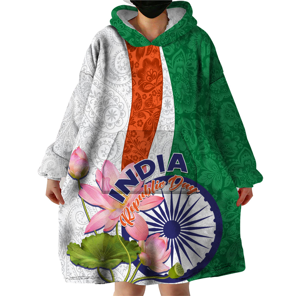 India Republic Day Wearable Blanket Hoodie Lotus Floral Paisley Pattern - Wonder Print Shop