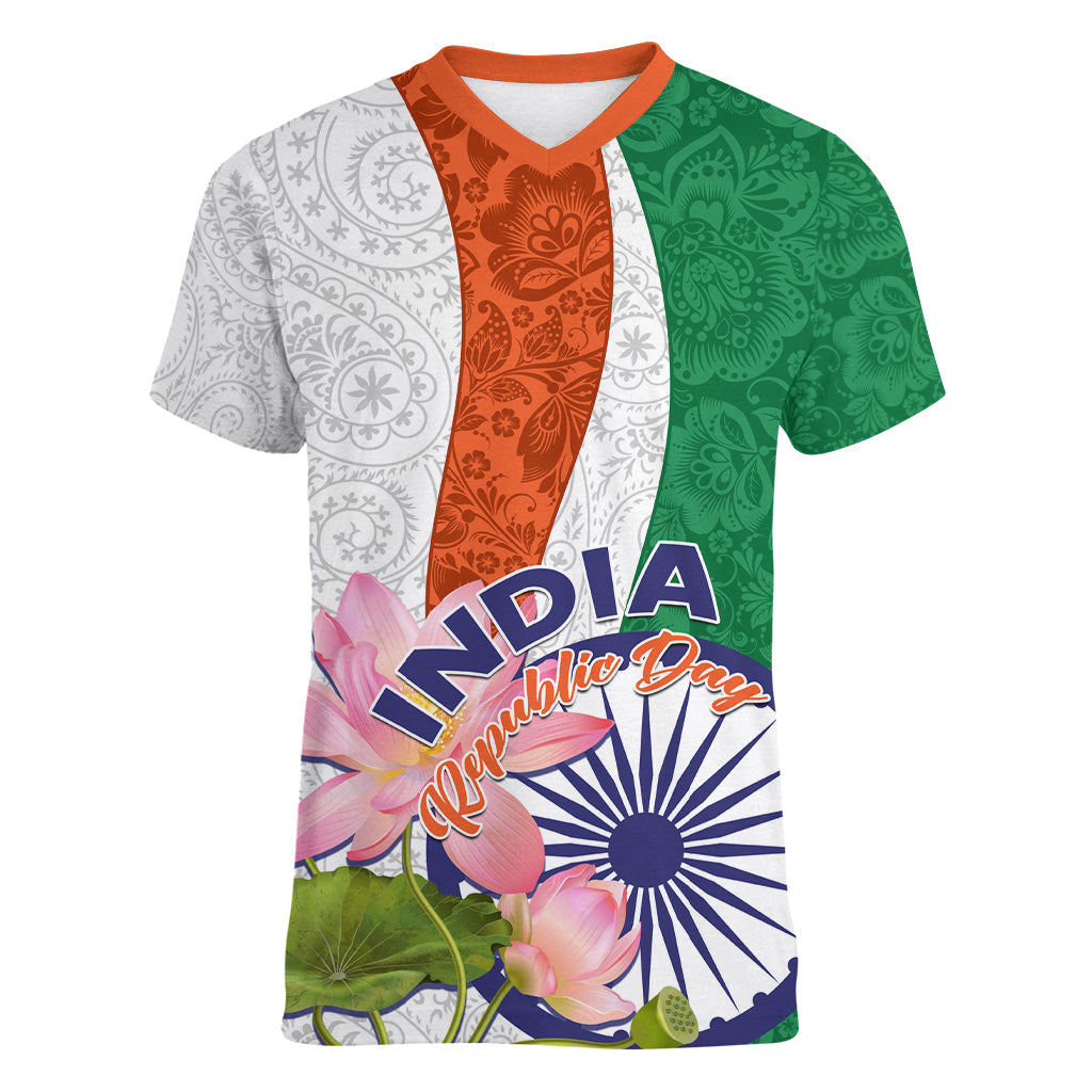 India Republic Day Women V Neck T Shirt Lotus Floral Paisley Pattern - Wonder Print Shop