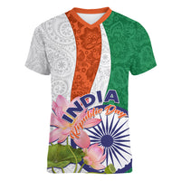 India Republic Day Women V Neck T Shirt Lotus Floral Paisley Pattern - Wonder Print Shop