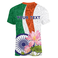 India Republic Day Women V Neck T Shirt Lotus Floral Paisley Pattern - Wonder Print Shop