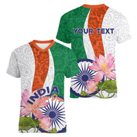 India Republic Day Women V Neck T Shirt Lotus Floral Paisley Pattern - Wonder Print Shop