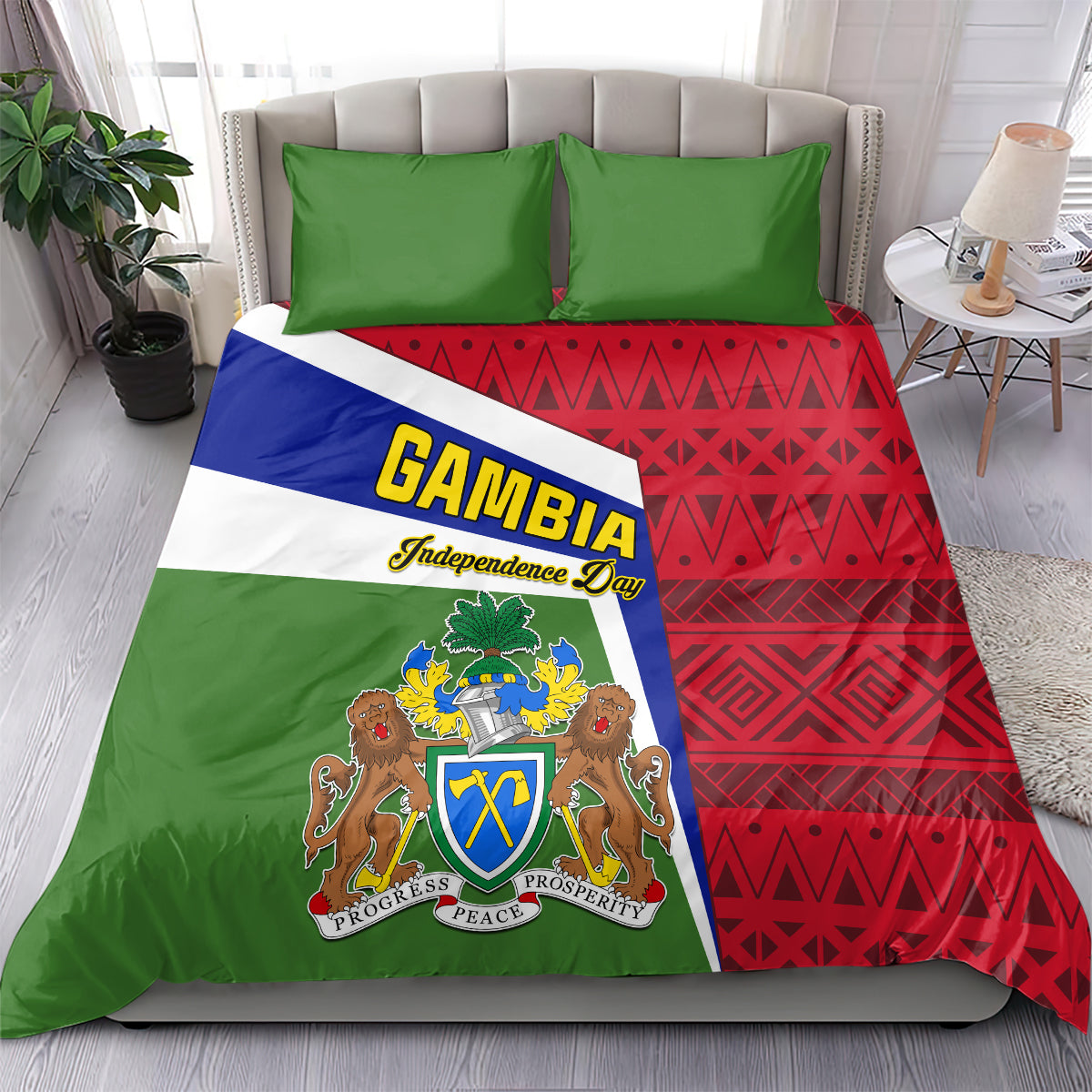 Gambia Independence Day Bedding Set Coat Of Arms African Pattern - Wonder Print Shop