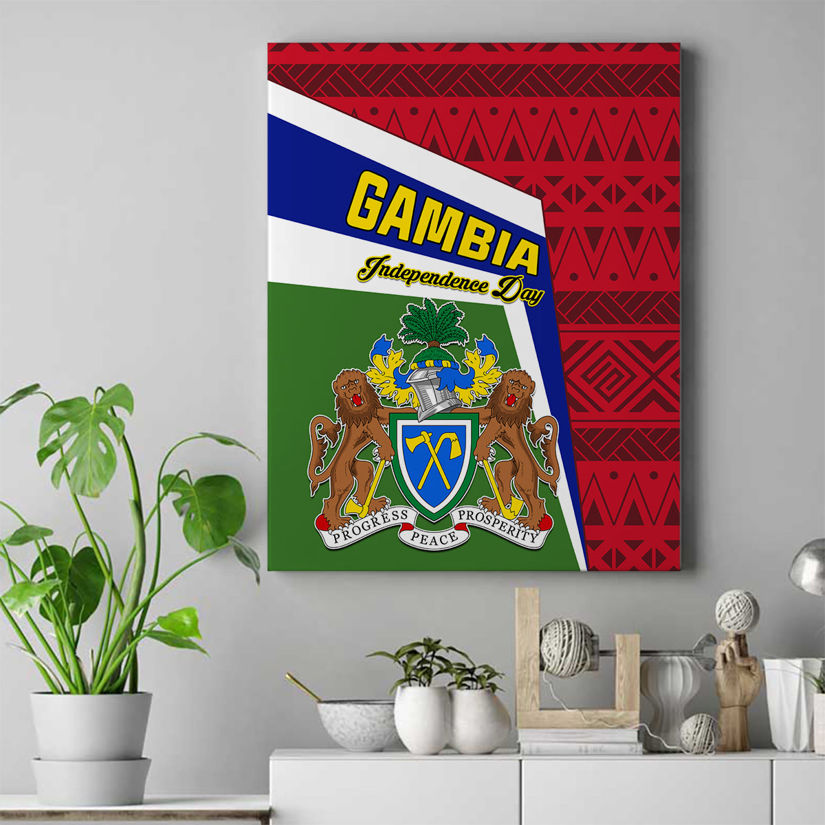 Gambia Independence Day Canvas Wall Art Coat Of Arms African Pattern - Wonder Print Shop