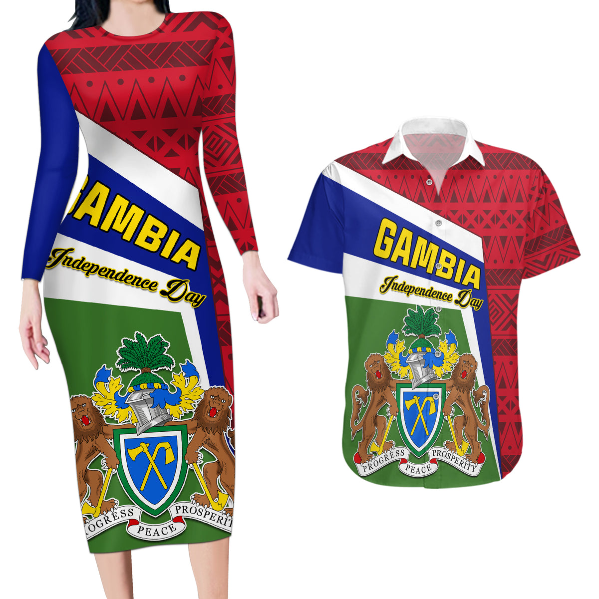 Gambia Independence Day Couples Matching Long Sleeve Bodycon Dress and Hawaiian Shirt Coat Of Arms African Pattern - Wonder Print Shop