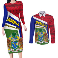 Gambia Independence Day Couples Matching Long Sleeve Bodycon Dress and Long Sleeve Button Shirt Coat Of Arms African Pattern - Wonder Print Shop