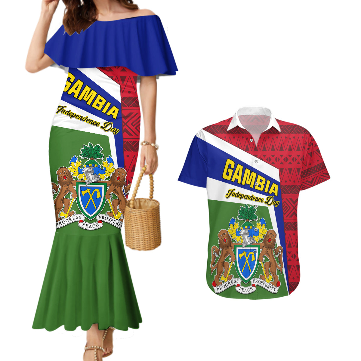 Gambia Independence Day Couples Matching Mermaid Dress and Hawaiian Shirt Coat Of Arms African Pattern - Wonder Print Shop