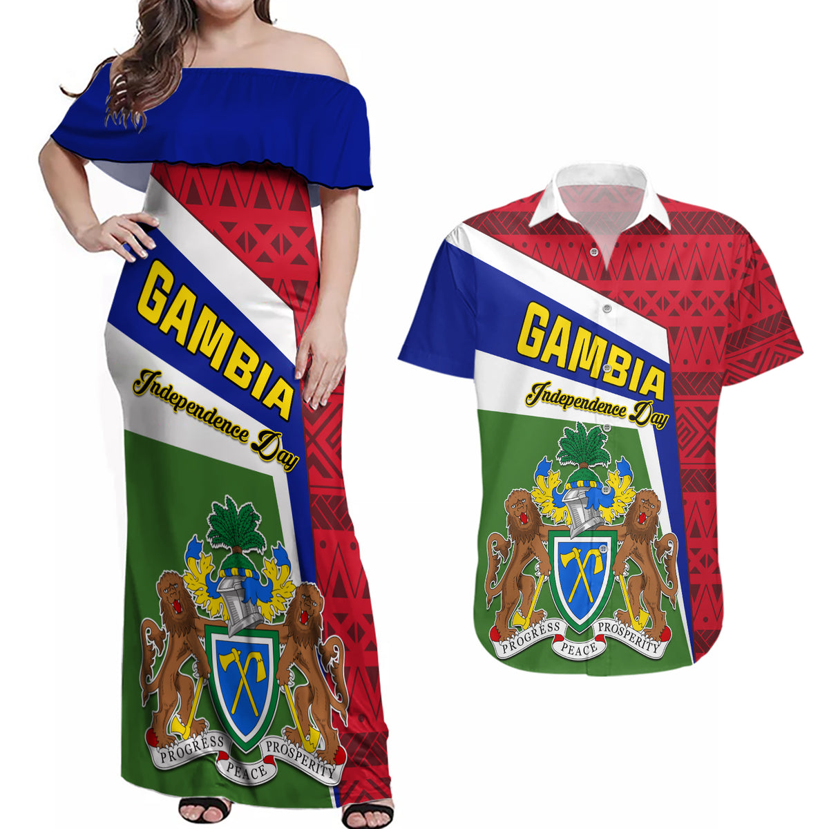 Gambia Independence Day Couples Matching Off Shoulder Maxi Dress and Hawaiian Shirt Coat Of Arms African Pattern - Wonder Print Shop