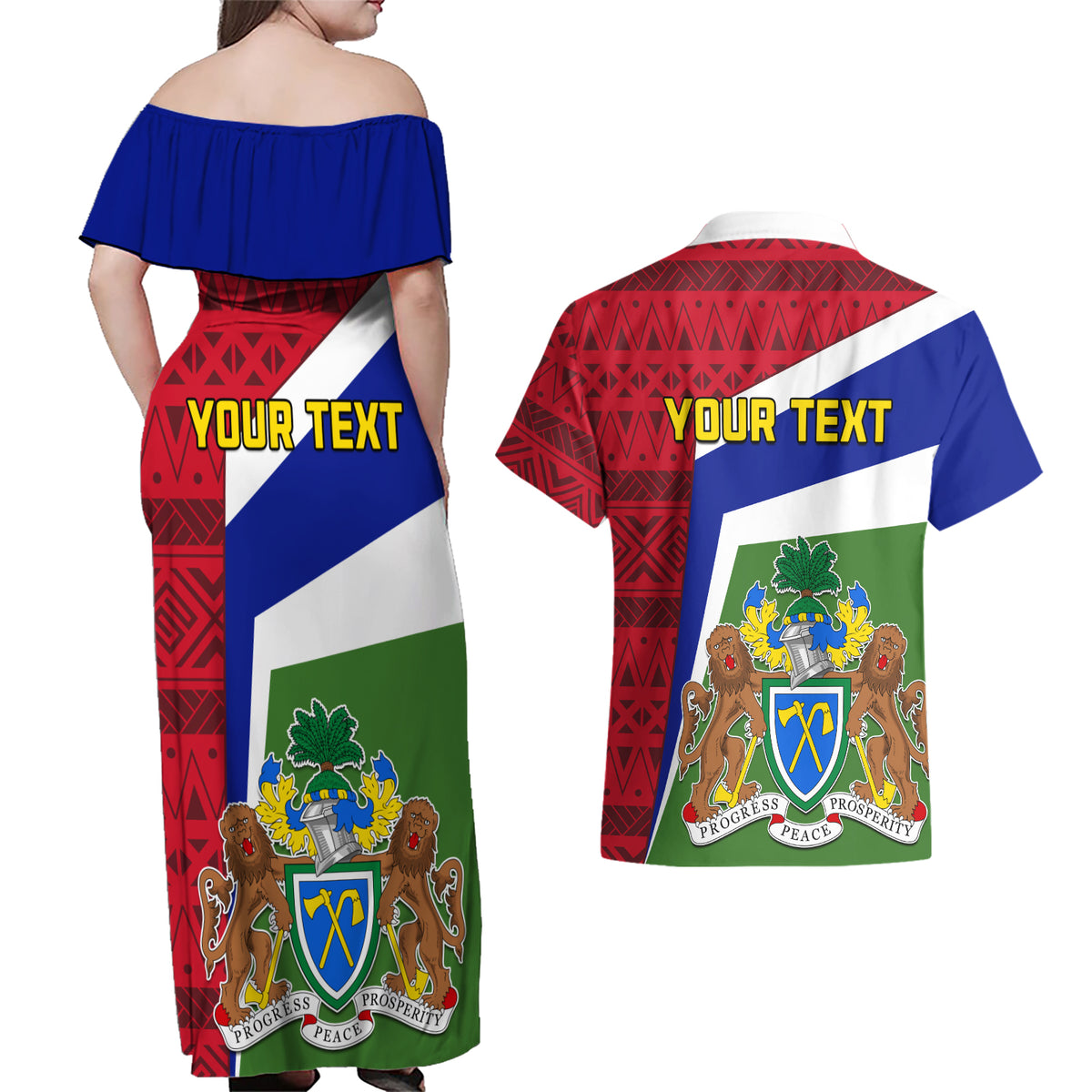 Gambia Independence Day Couples Matching Off Shoulder Maxi Dress and Hawaiian Shirt Coat Of Arms African Pattern - Wonder Print Shop