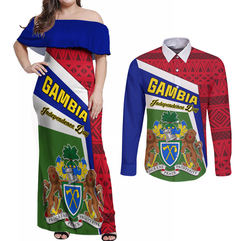 Gambia Independence Day Couples Matching Off Shoulder Maxi Dress and Long Sleeve Button Shirt Coat Of Arms African Pattern - Wonder Print Shop