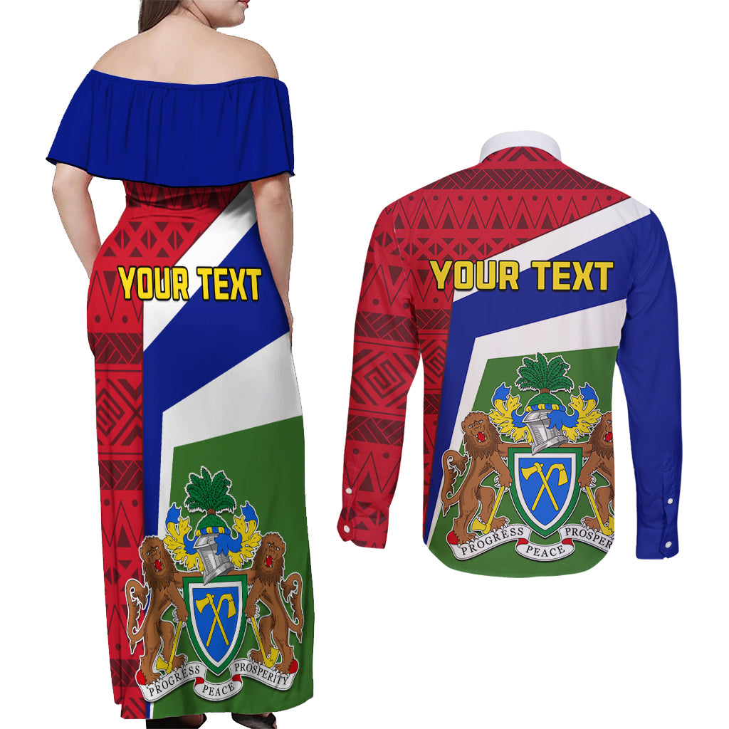 Gambia Independence Day Couples Matching Off Shoulder Maxi Dress and Long Sleeve Button Shirt Coat Of Arms African Pattern - Wonder Print Shop
